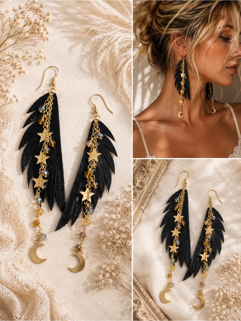 Black Leather Raven Wings & Gold Star Moon Drop Fringe Boho Earrings | Artisan - Picture 4 of 16